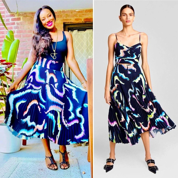 A.L.C. Matching Silk Set Sula Crop Top & Sonali Pleated Midi Skirt Black 0 XS - Picture 13 of 15